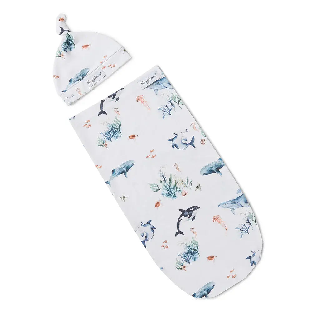 Organic Snuggle Swaddle & Beanie Set - Ocean