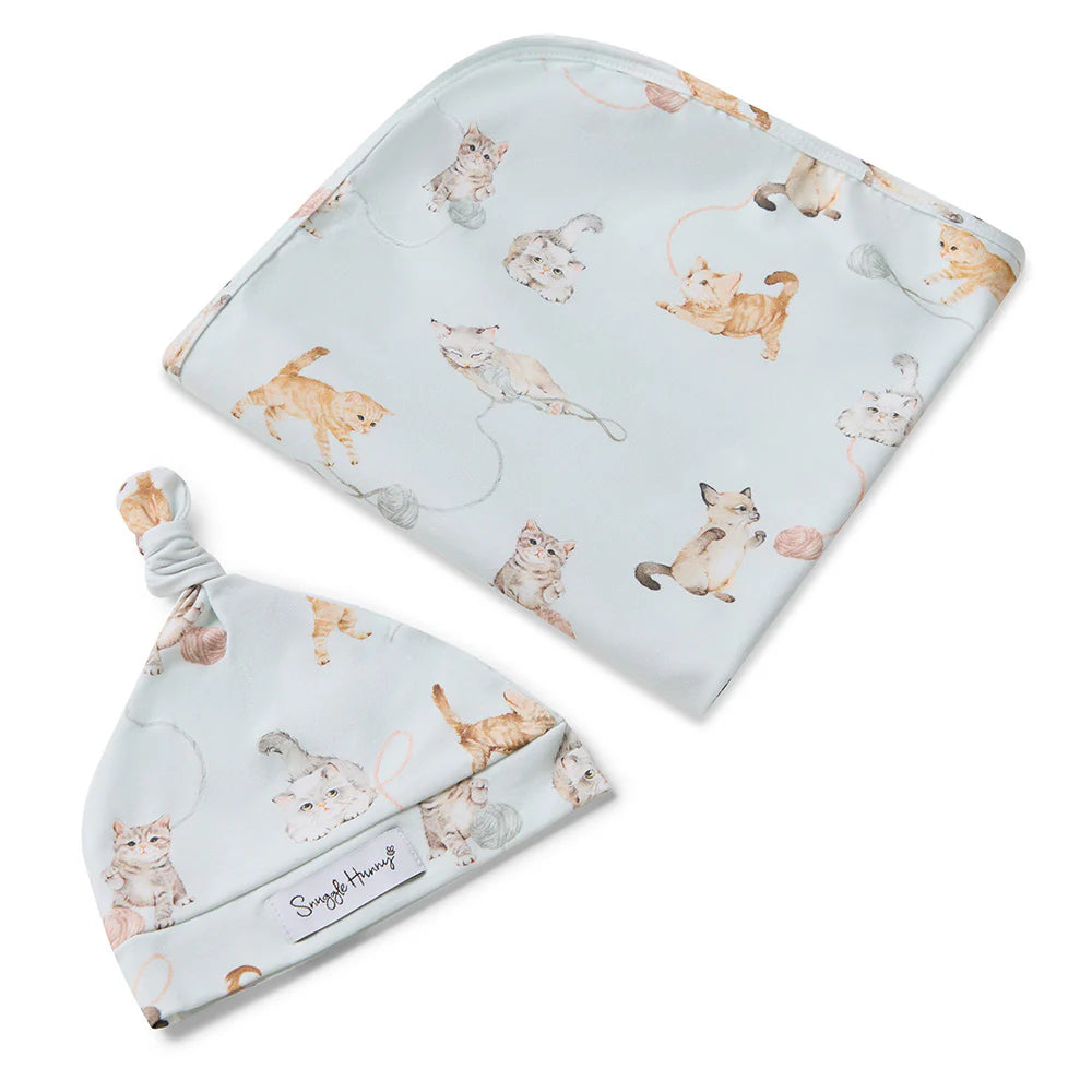 Organic Jersey Wrap & Beanie Set - Kittens