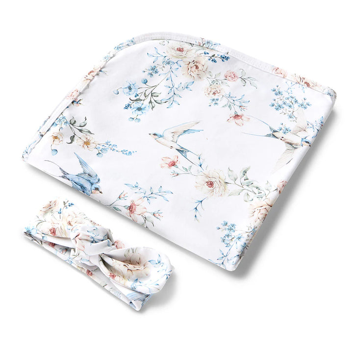 Snuggle Hunny Organic Jersey Wrap & Topknot Set - Sweet Swallows