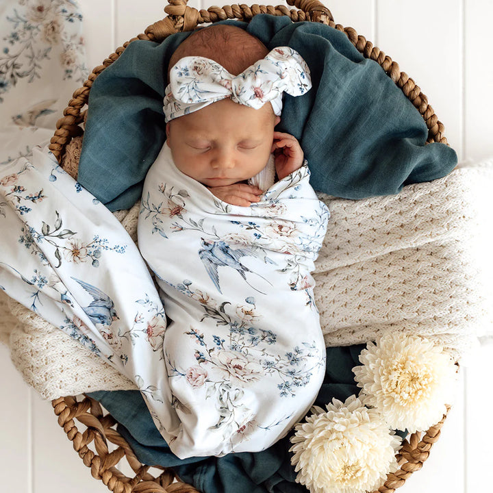 Snuggle Hunny Organic Jersey Wrap & Topknot Set - Sweet Swallows