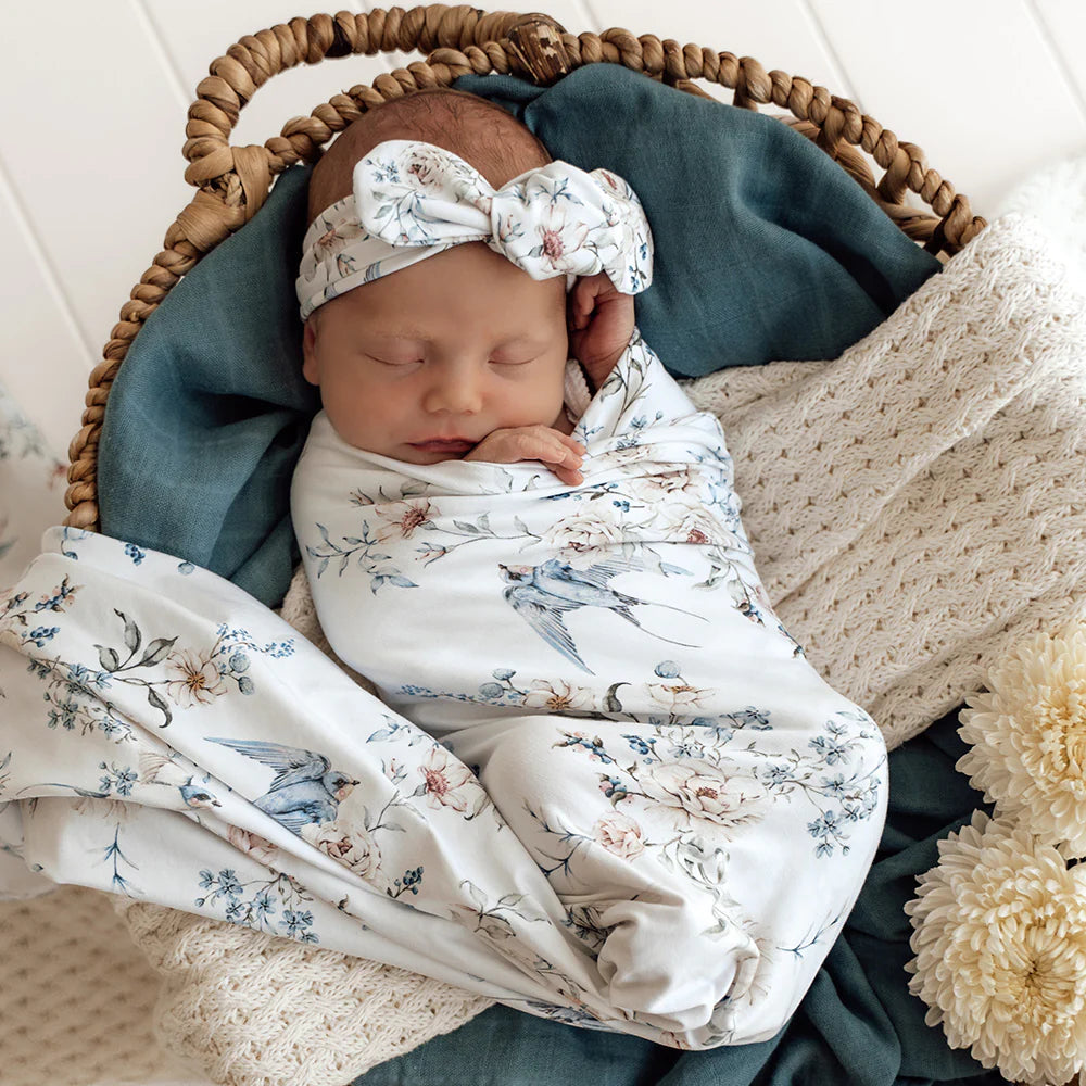 Snuggle Hunny Organic Jersey Wrap & Topknot Set - Sweet Swallows
