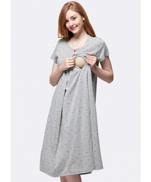 Mickey Dotty Maternity & Nursing Pyjama Dress-Grey