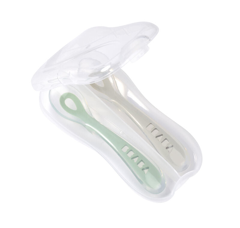 Beaba 2nd Stage Soft Silicone Spoon with case - Velvet Grey/Sage Green
