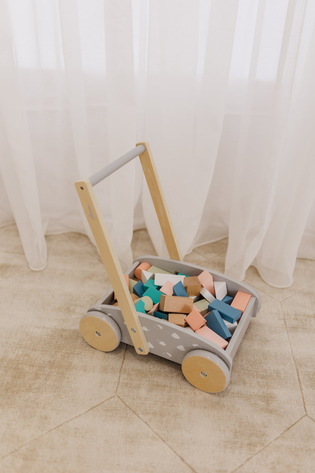 Bubble Wooden Baby Push Cart & Walker with 45 Building Blocks